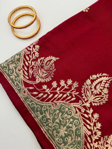 Lightweight Pure Tussar Silk Saree | Zardosi Pita Zari Work | Maroon | Hand Embroidery | Ships from California